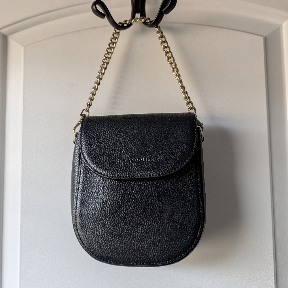 🖤EUC Bandolier Shay Genuine Pebble Leather Shoulder Mini Bag, Black & Gold